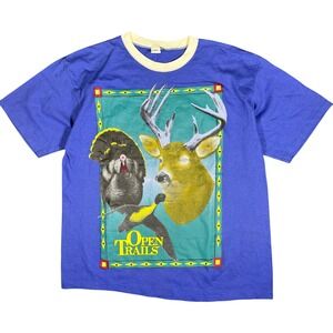 Vintage 90s Open Trails‎ Wildlife Graphic T-Shirt Deer Turkey Bird Blue